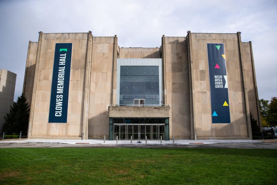 A look at the updated facade of Clowes Memorial Hall on Butler University's campus.