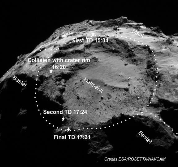 Philae's landing points on Comet 67P/Churyumov-Gerasimenko on Nov. 12, 2014.