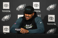 Philadelphia Eagles' Jalen Hurts smiles during a news conference at the NFL football team's training facility, Thursday, Feb. 2, 2023, in Philadelphia. The Eagles are scheduled to play the Kansas City Chiefs in Super Bowl LVII on Sunday, Feb. 12, 2023. (AP Photo/Matt Slocum)