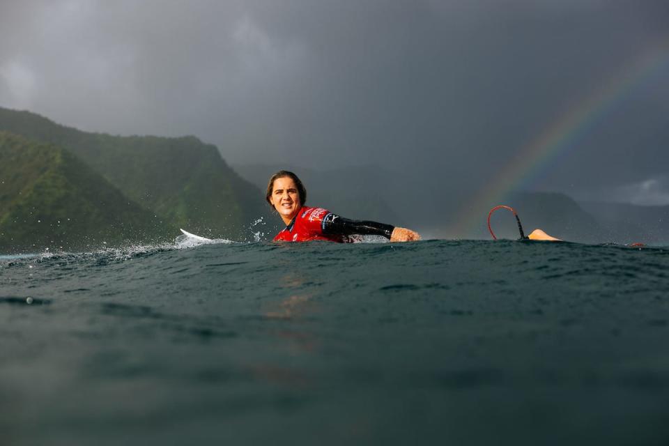 Caroline Marks of the United States after winning the Final at the SHISEIDO Tahiti Pro on Aug. 16, 2023 at Teahupoʻo, Tahiti, French Polynesia.