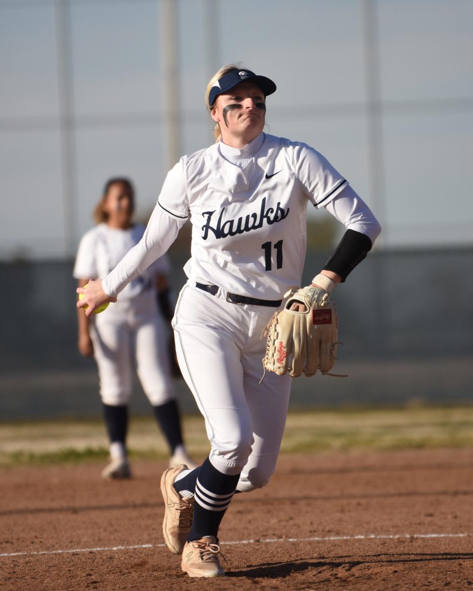 Silverado's Haylee Stanislawski delivers a pitch against Oak Hills during the second inning on Tuesday, Feb. 13, 2024. Oak Hills beat Silverado 12-0 on the road in the season-opener.