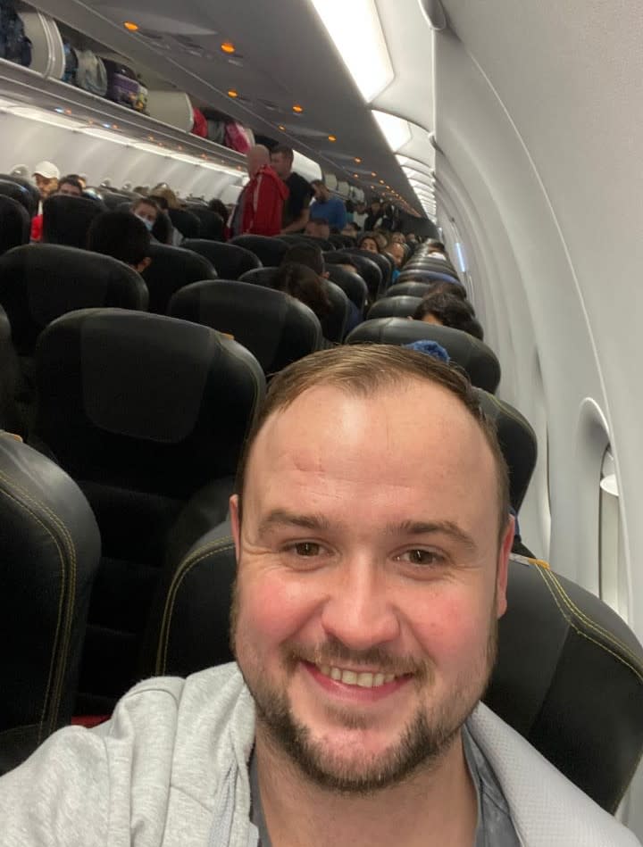 The 31-year-old electrician on his first flight to Doha. (David Jones/PA)