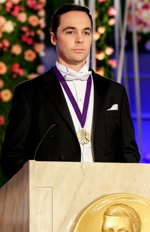 <p>Michael Yarish/CBS via Getty</p> Sheldon (Jim Parsons) honors his friends while accepting a Nobel Prize.