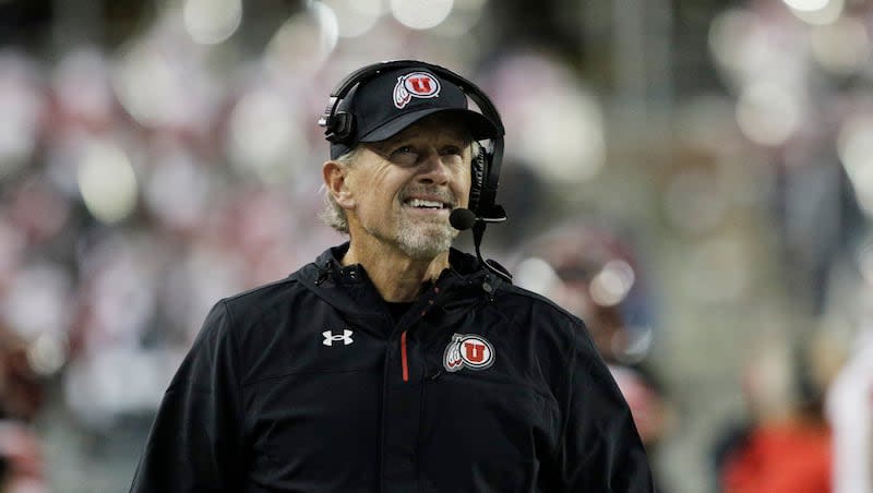 Utah head coach Kyle Whittingham watches from the sideline during the second half of an NCAA college football game against Washington State, Thursday, Oct. 27, 2022, in Pullman, Wash. (AP Photo/Young Kwak)
