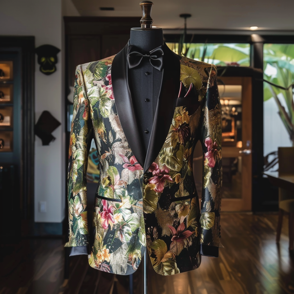 Mannequin displaying a tropical print suit with a black lapel and bow tie