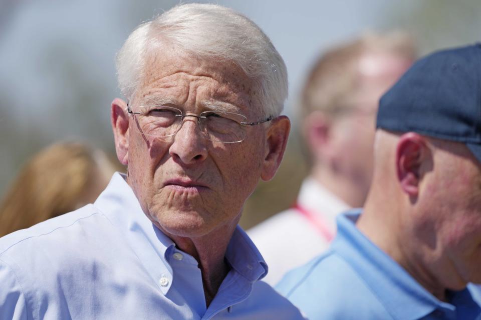 U.S. Sen. Roger Wicker, R-Miss., stares at reporters during a news conference, Sunday, March 26, 2023, in Rolling Fork, Miss., by a delegation of federal, state and local officials, following a tour of one of the areas affected by a tornado. (AP Photo/Rogelio V. Solis)