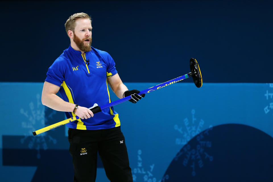 <p>Niklas Edin of Sweden competes in the Curling Men’s Round Robin Session 4 held at Gangneung Curling Centre on February 16, 2018 in Gangneung, South Korea. </p>