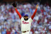 Philadelphia Phillies relief pitcher Jose Alvarado (46) acknowledges the fans after being relieved during the seventh inning in Game 4 of baseball's National League Division Series between the Philadelphia Phillies and the Atlanta Braves, Saturday, Oct. 15, 2022, in Philadelphia. (AP Photo/Matt Rourke)