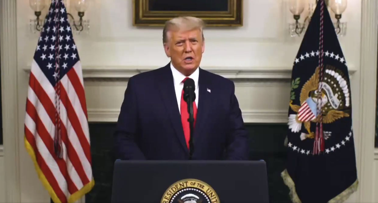 <p>In a videotaped speech released on Facebook, Trump repeated his claims of voter fraud in absence of any journalist who could question him</p> (Donald J Trump/ Facebook)