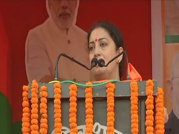 Union Minister Smriti Irani speaking at an election meeting in Bikram on Saturday. [Photo/ANI]