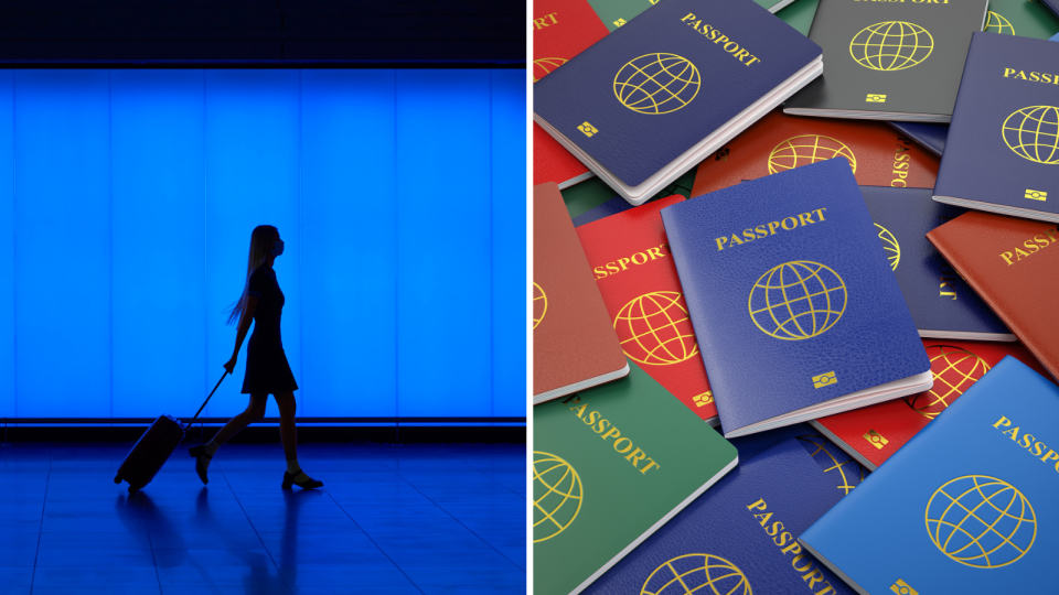 Woman with wheelie bag walks through blue airport, multi-coloured passports in a pile. 