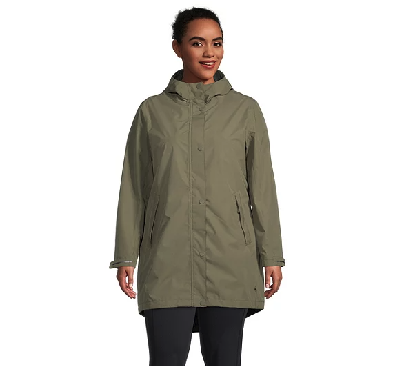 Women's Downpour Waterproof Hyper-Dri 3 2L Long Rain Jacket. Image via Mark's.