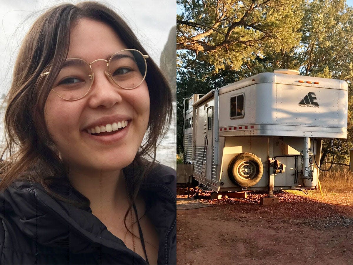 Ashley Probst selfie (left), horse trailer airbnb in sedona (right)