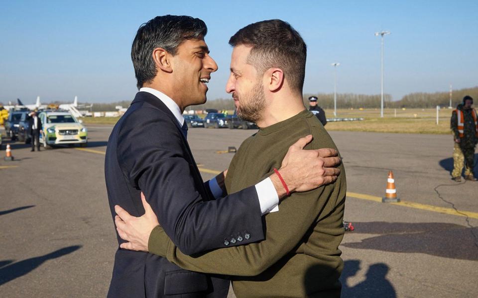 Rishi Sunak and Volodymyr Zelensky embrace in London earlier this month - UKRAINIAN PRESIDENTIAL PRESS SER/AFP via Getty Images