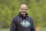 New York Jets coach Robert Saleh looks on during NFL football rookie camp, Friday, May 7, 2021, in Florham Park, N.J.(AP Photo/Bill Kostroun)