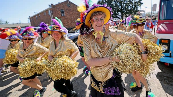 PHOTO: FILE - Jan Kwiatkowski of the Milwaukee Dancing Grannies performs with the group as they march in the Krewe of Thoth Carnival parade, Feb. 19, 2023 in New Orleans. (Michael Democker/Getty Images, FILE)