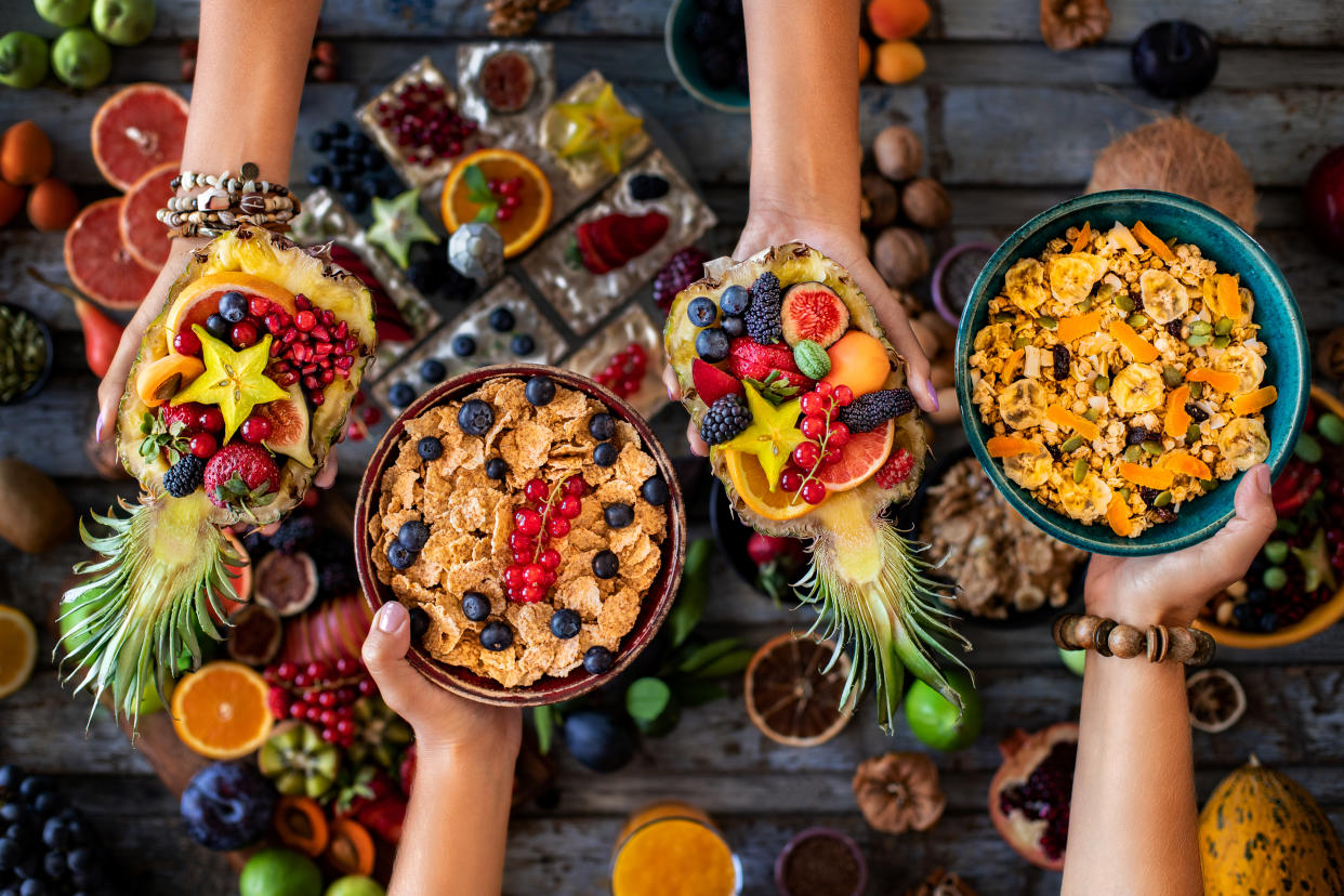 Breakfast with fresh fruit and muesli.