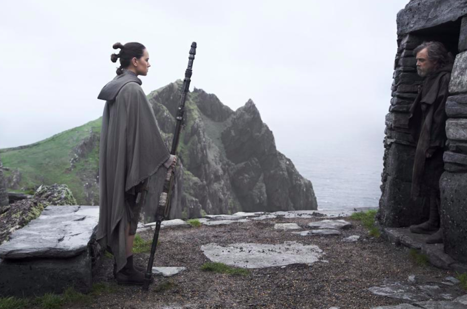 <p>At the end of <em>The Force Awakens, </em>Rey (Daisy Ridley) went to see Luke (Mark Hamill), who had been living as a hermit on a remote island called Ahch-To. <em>The Last Jedi </em>picks up where that film left off: With a conversation that doesn’t exactly go as Rey might have hoped.<br>(Credit: Lucasfilm) </p>