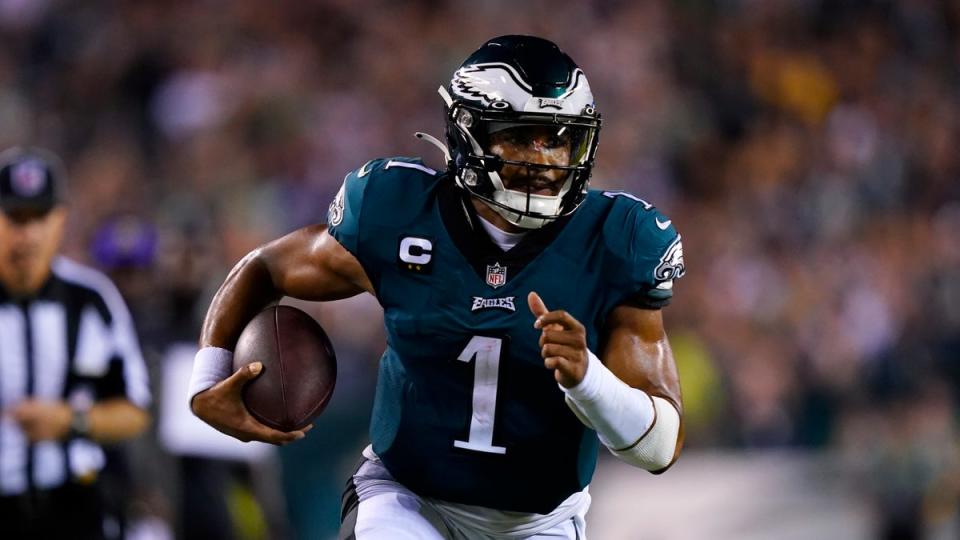 Philadelphia Eagles quarterback Jalen Hurts (1) runs up field during the first half of an NFL football game against the Minnesota Vikings on Monday (Matt Rourke/AP)