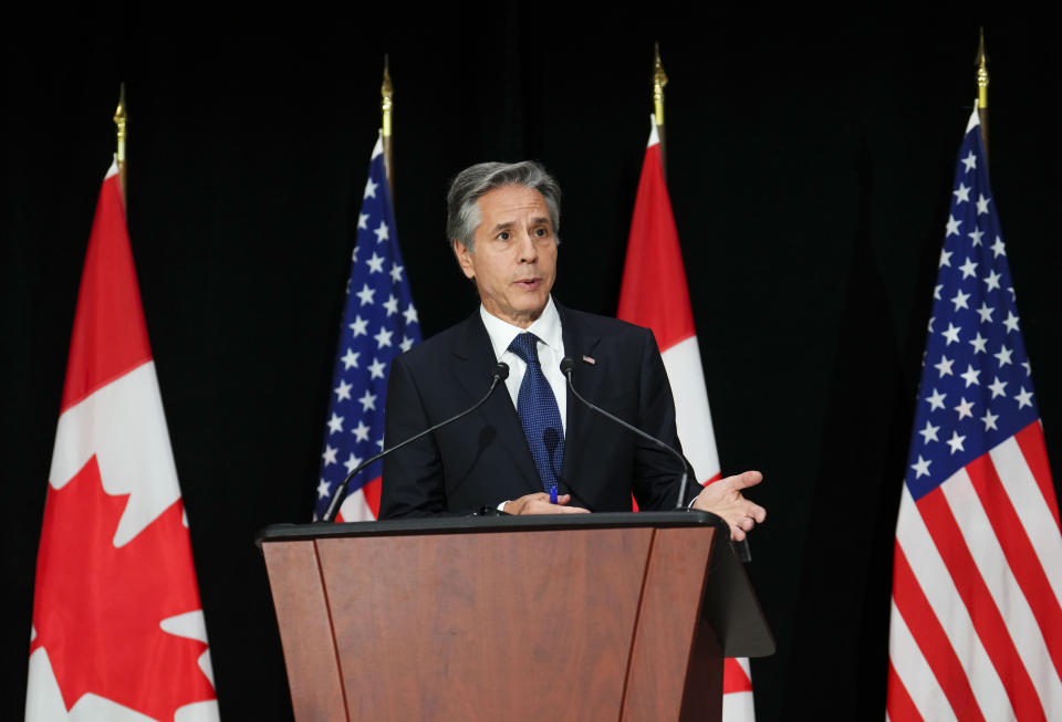 Secretary of State Antony Blinken, speaks during a joint press conference following bilateral talks with Canadian Minister of Foreign Affairs Melanie Joly in Ottawa, Thursday, Oct. 27, 2022. (Sean Kilpatrick/The Canadian Press via AP)