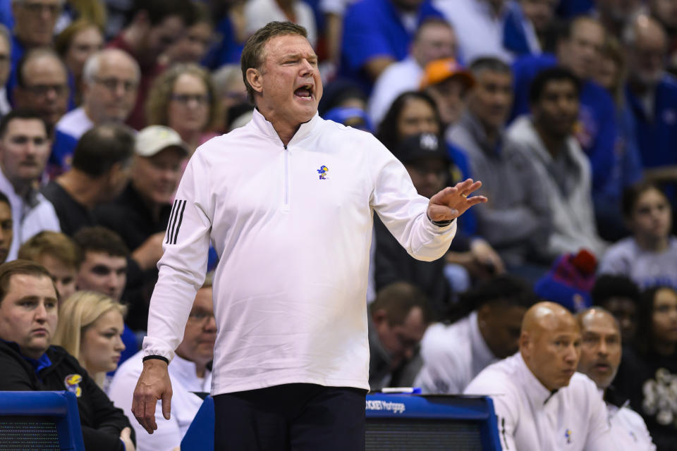 Kansas head coach Bill Self calls directions to his team during the second half of an NCAA college basketball game against Indiana in Lawrence, Kan., Saturday, Dec. 17, 2022. (AP Photo/Reed Hoffmann)