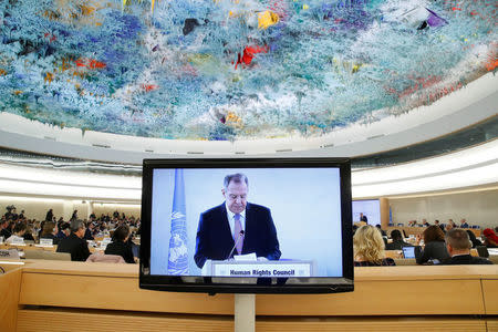 Sergei Lavrov, Minister for Foreign Affairs of Russia, attends the Human Rights Council at the United Nations in Geneva, Switzerland, February 28, 2018. REUTERS/Denis Balibouse