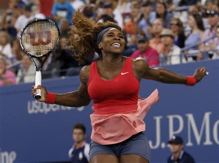 Serena Williams of the U.S. celebrates after defeating Azarenka of Belarus during their women's singles final match at the U.S. Open tennis championships in New York