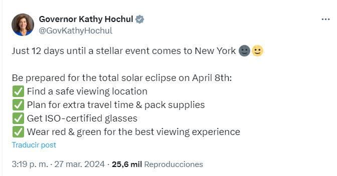 Las recomendaciones de la gobernadora de Nueva York, Kathy Hochul, para observar el eclipse solar del 8 de abril de 2024