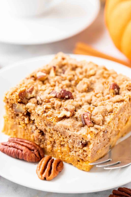 <p>Plated Cravings</p><p>Pumpkin crunch cake is an easy sheet cake made with a delicious layer of pumpkin pie topped with a crunchy cake mix topping makes the perfect fall dessert! </p><p><strong>Get the recipe: <em><a href="https://platedcravings.com/pumpkin-crunch-cake/" rel="nofollow noopener" target="_blank" data-ylk="slk:Pumpkin Crunch Cake;elm:context_link;itc:0;sec:content-canvas" class="link ">Pumpkin Crunch Cake</a></em></strong></p>