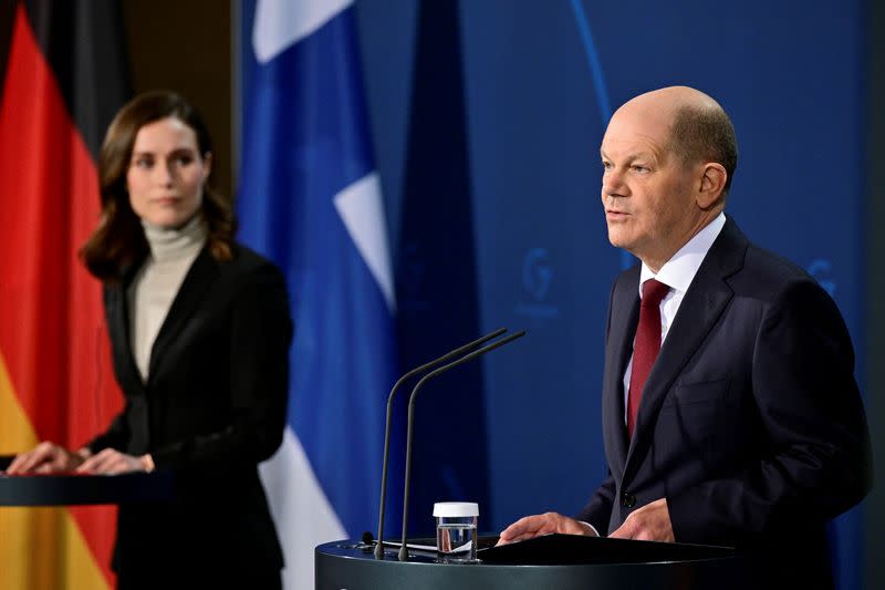 Finland's Prime Minister Sanna Marin and German Chancellor Olaf Scholz address a news conference in Berlin