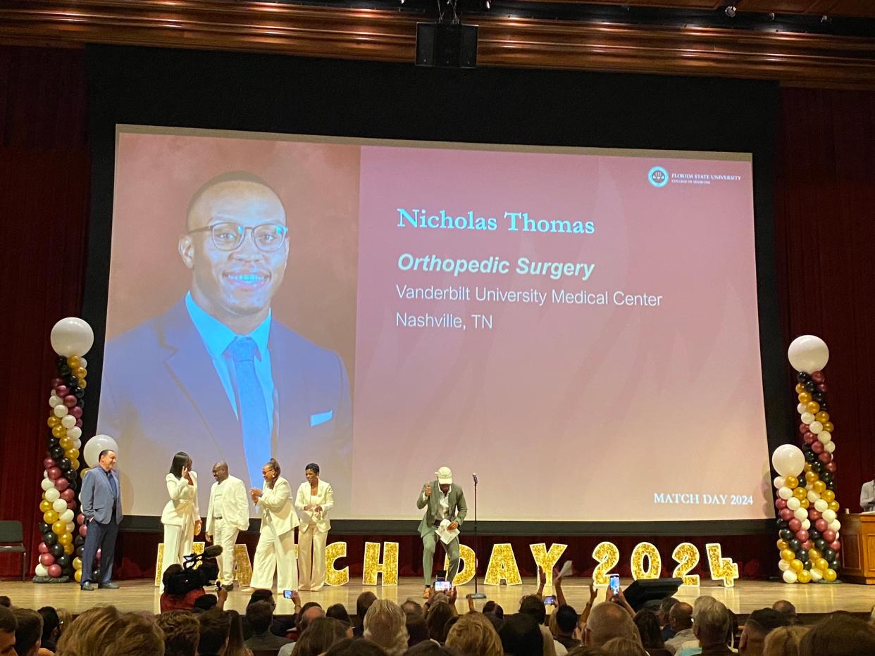 FSU medical student Nicholas Thomas announces where he matched during a Match Day ceremony at Ruby Diamond Concert Hall Friday, March 15, 2024.