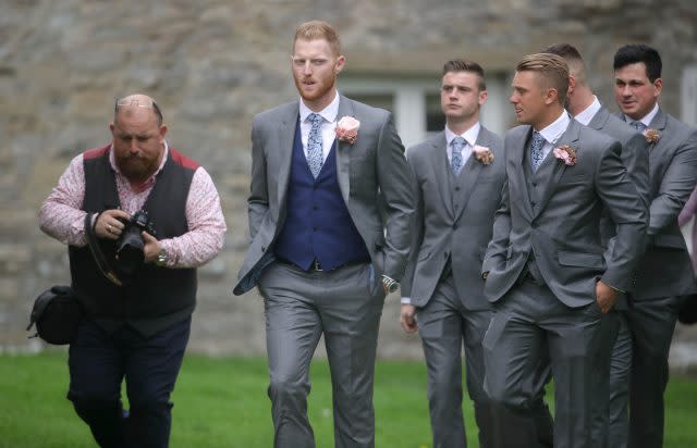 England all-rounder Ben Stokes (centre) arrives for his marriage. (Steve Parsons/PA)