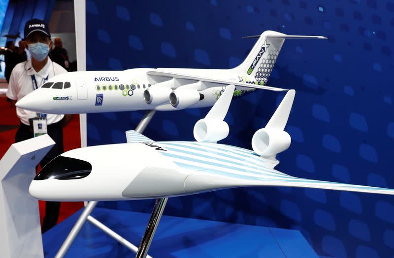 A view of models of Airbus' MAVERIC and E-Fan X aircraft at the Singapore Airshow in Singapore