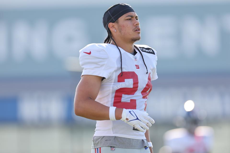 Aug 1, 2023; East Rutherford, NJ, USA; New York Giants safety Dane Belton (24) during training camp at the Quest Diagnostics Training Facility.  Mandatory Credit: Vincent Carchietta-USA TODAY Sports