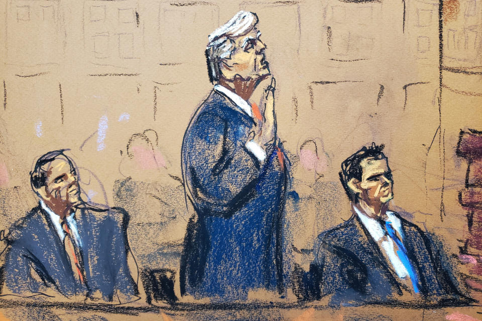 Former President Donald Trump stands between his attorneys as he takes an oath in federal court in Washington, D.C., on Aug. 3, as shown in a courtroom sketch.