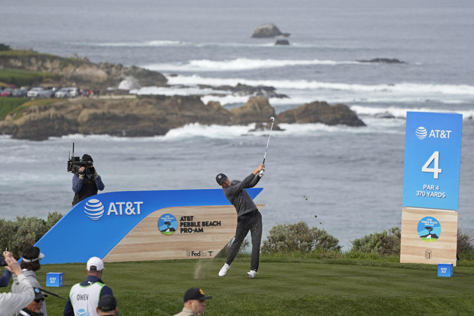 Jordan Spieth follows his shot from the fourth tee of the Spyglass Hill Golf Course during the first round of the AT&T Pebble Beach Pro-Am golf tournament in Pebble Beach, Calif., Thursday, Feb. 2, 2023. (AP Photo/Eric Risberg)