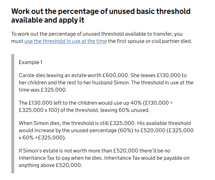 首位離世父母（或祖父母）的免稅額尚未動用或未全數享用可以轉讓到第二位離世時一併使用，最高免稅額為£650,000。