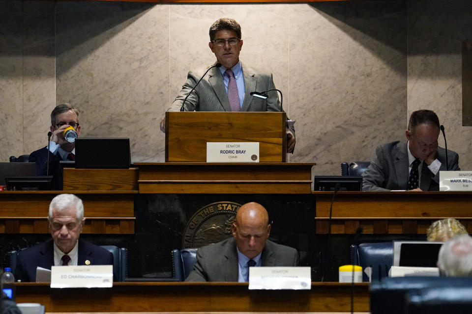 Senate President Pro Tem Rodric Bray, R-Martinsville, opens the second day of hearings in the Indiana Senate Rules Committee as they take testimony on a Republican proposal to ban nearly all abortions in the state at the Statehouse in Indianapolis, Tuesday, July 26, 2022. (AP Photo/Michael Conroy)