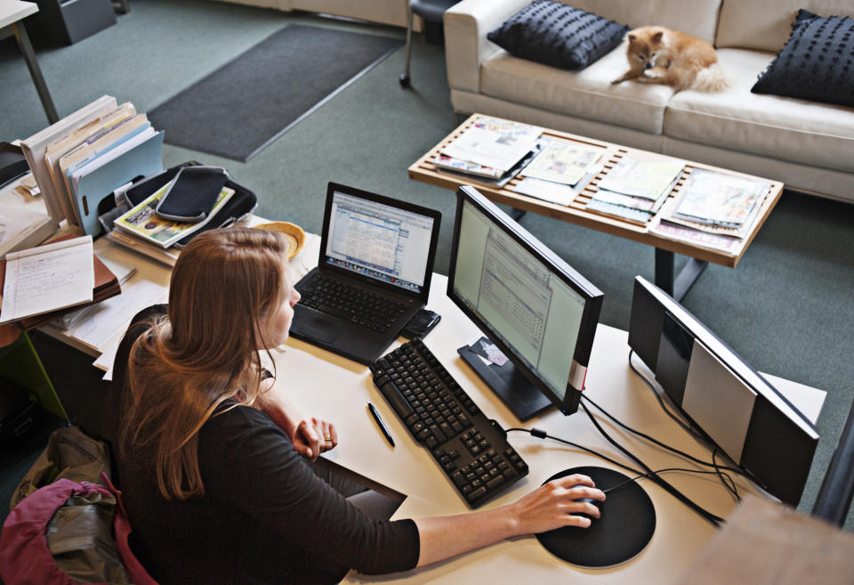 A woman works at her desk at home, with a cat on the couch in background.