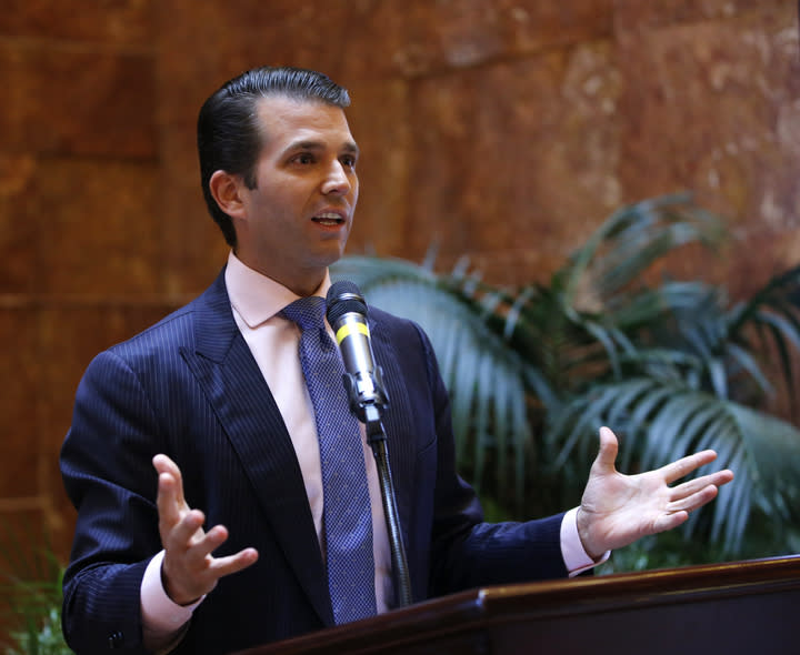 Donald Trump Jr., executive vice president of The Trump Organization, discusses the expansion of Trump hotels, Monday, June 5, 2017, in New York. (Photo: Kathy Willens/AP)