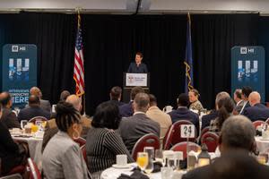 NNS President Jennifer Boykin offers remarks during a shipyard update briefing and breakfast for state and local elected officials, and community leaders, in Newport News on Thursday, Nov. 30, 2023. (Photo by Ashley Cowan/HII)