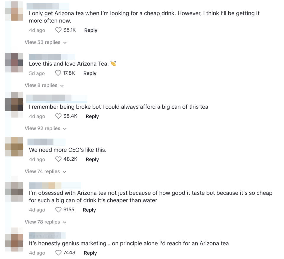 Comments discussing their preference for Arizona Tea in terms of affordability and taste, with some mentioning it's cheaper than water