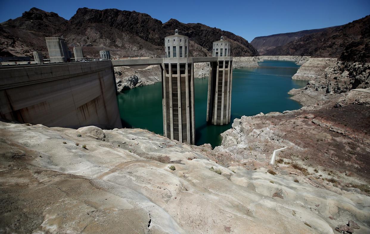 Intake towers that feed Hoover Dam's power generators are almost fully exposed at Lake Mead