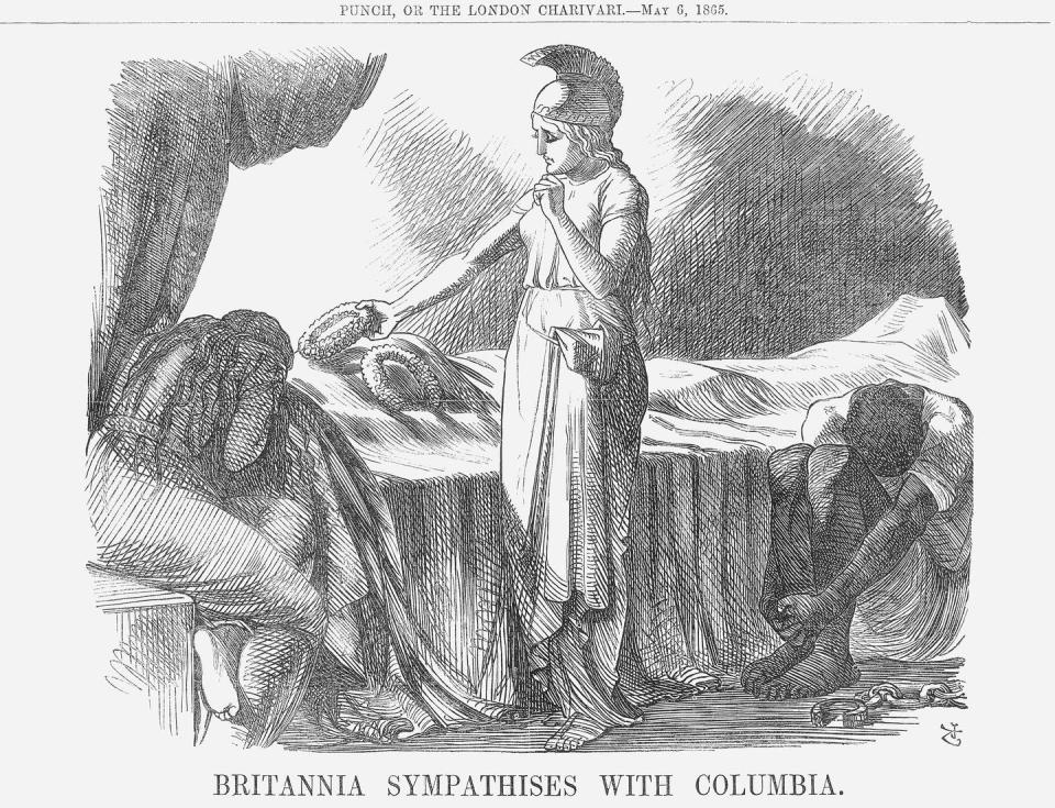 A sorrowful Britannia, standing, lays a wreath on Lincoln's shrouded body while Columbia weeps as she clutches the U.S. flag and a freed enslaved person mourns.