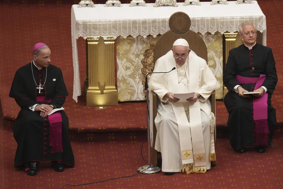 Pope Francis, center, presides over an evening prayer service at the Cathedral-Basilica of Notre-Dame de Quebec in Quebec City during his papal visit across Canada, Thursday, July 28, 2022. (Nathan Denette/The Canadian Press via AP)