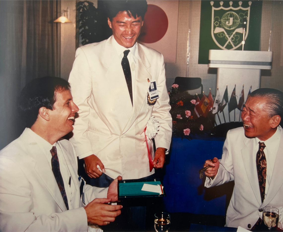 Bill Kerdyk Jr. , left, with Noboru Takeshita, the Japanese prime minister from 1987 to 1989. Standing is Eiji Tagashira, who founded the Toyota Junior Golf Cup., a youth tournament held in Japan annually, with his father and Kerdyk. Takeshita was honorary chairman of the inaugural tournament in 1992. Photo courtesy of Bill Kerdyk Jr.