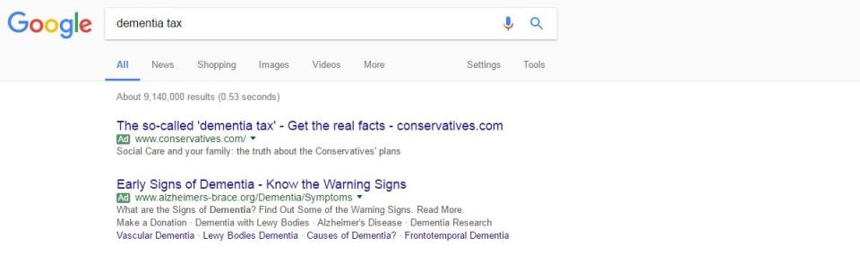 The Conservative advert appears at the top of Google