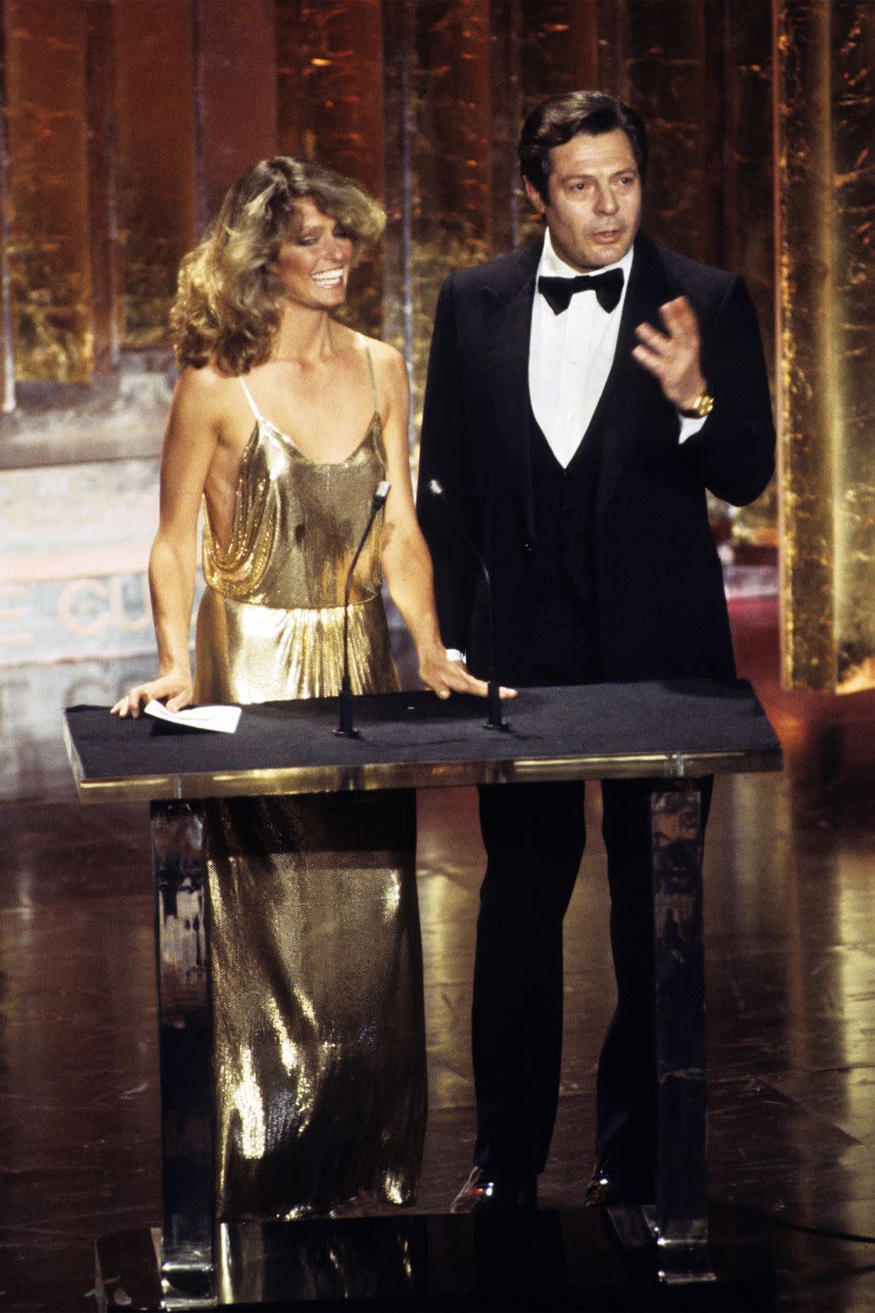 <p>Farrah Fawcett was the golden girl of the ceremony, her gilded Stephen Burrows gown spawned a million replicas for the disco set. </p>