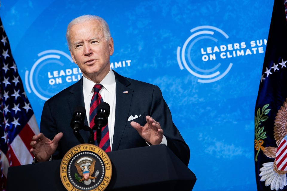 US President Joe Biden speaks during climate change virtual summit from the East Room of the White House campus on 22 April in Washington, DC. Photo: Brendan Smialowski/AFP via Getty Images