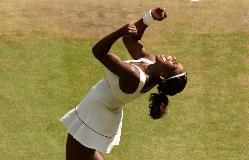 Serena Williams shows her delight at beating Russia’s Vera Zvonareva to collect a fourth Wimbledon singles title (Dave Thompson/POOL Wire) (PA Archive)